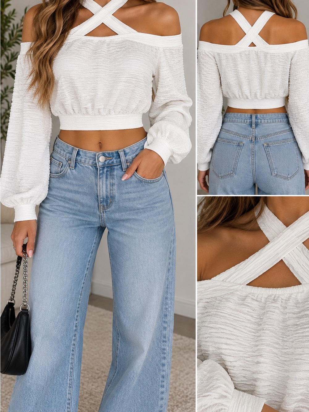 Le Lis Collection White Textured Criss Cross Off Shoulder Crop Top